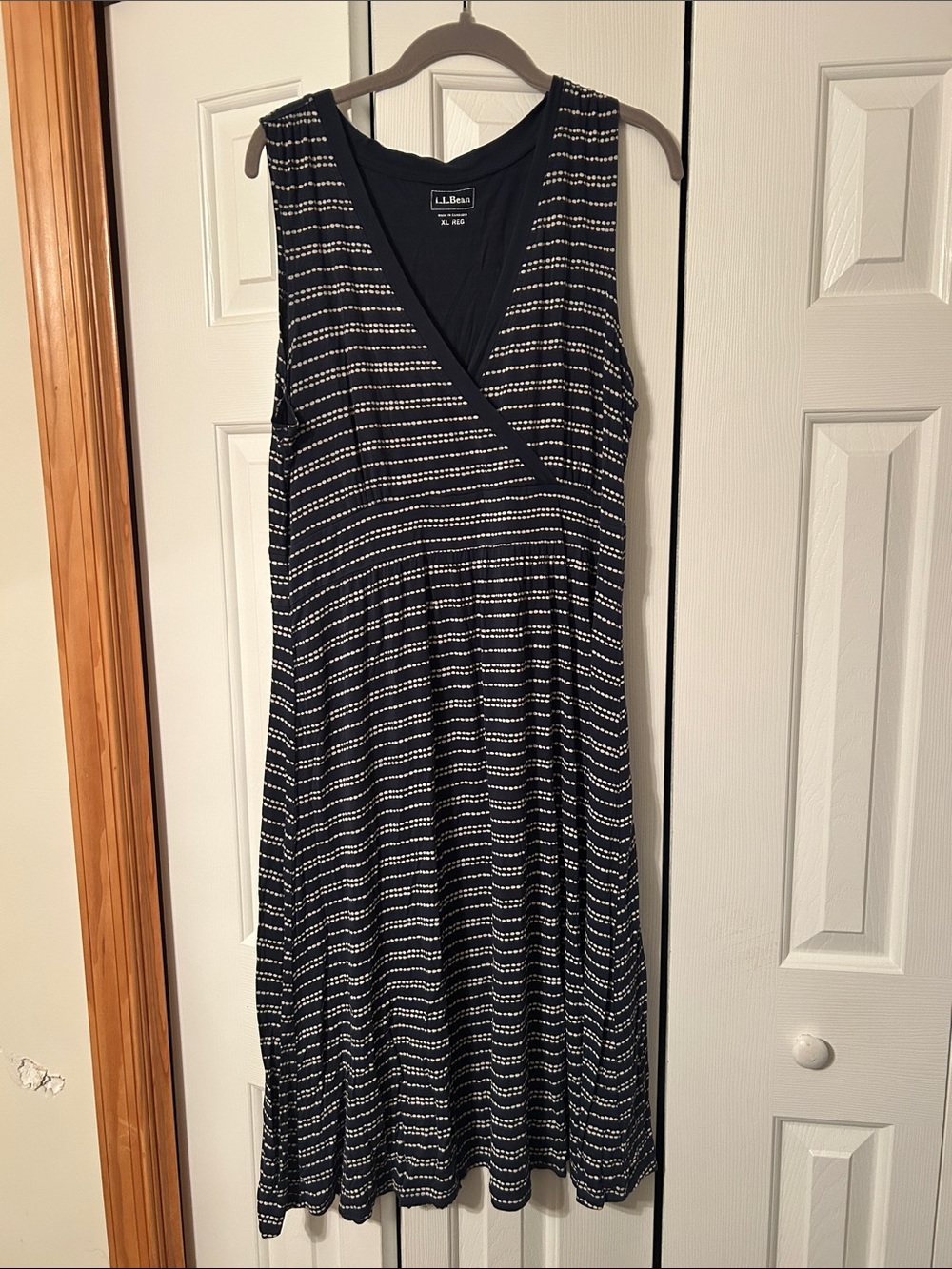 L.L. Bean Navy and White Striped Sleeveless Wrap-Style Midi Dress